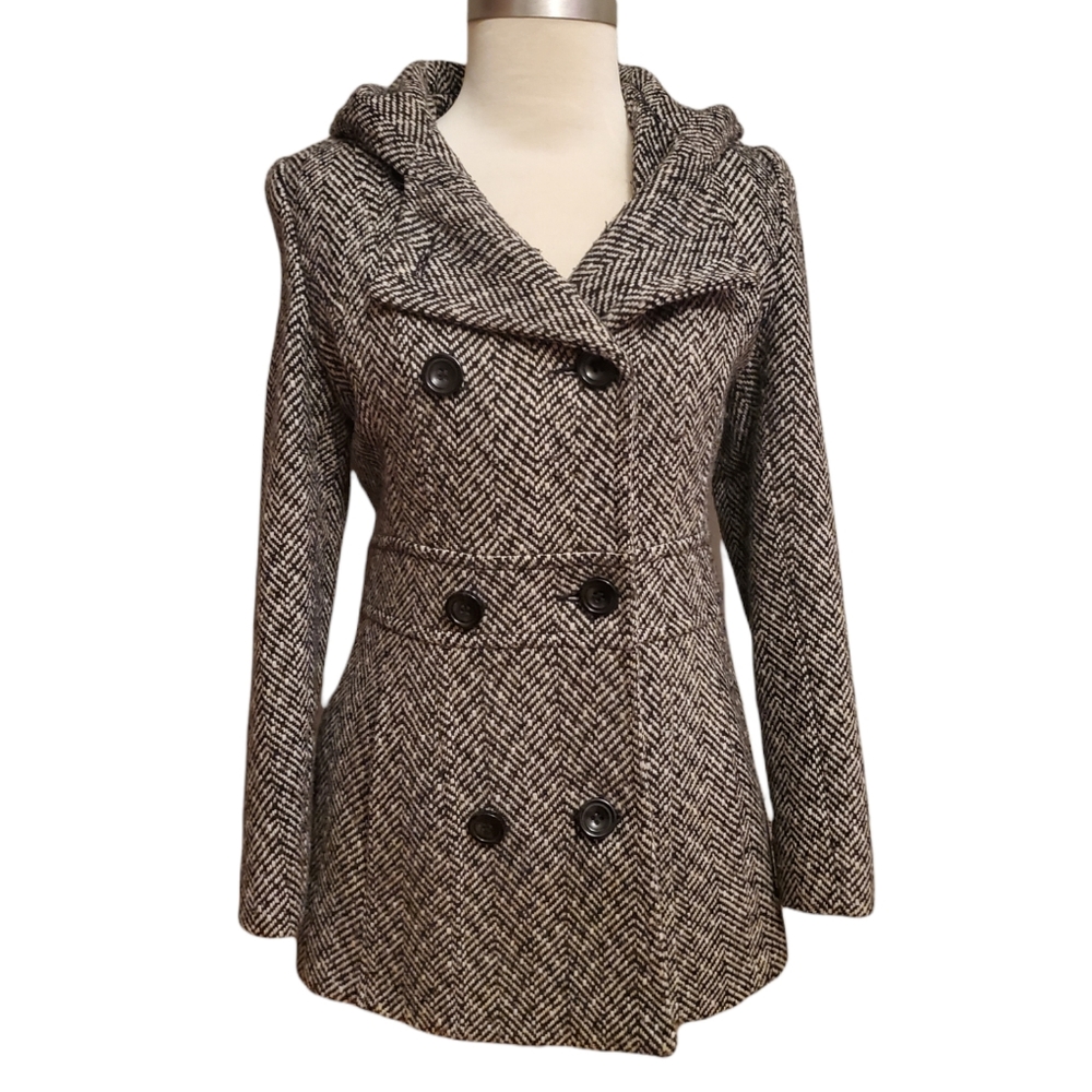 Anne Klein Hooded Wool Herringbone Pea Coat Jacket